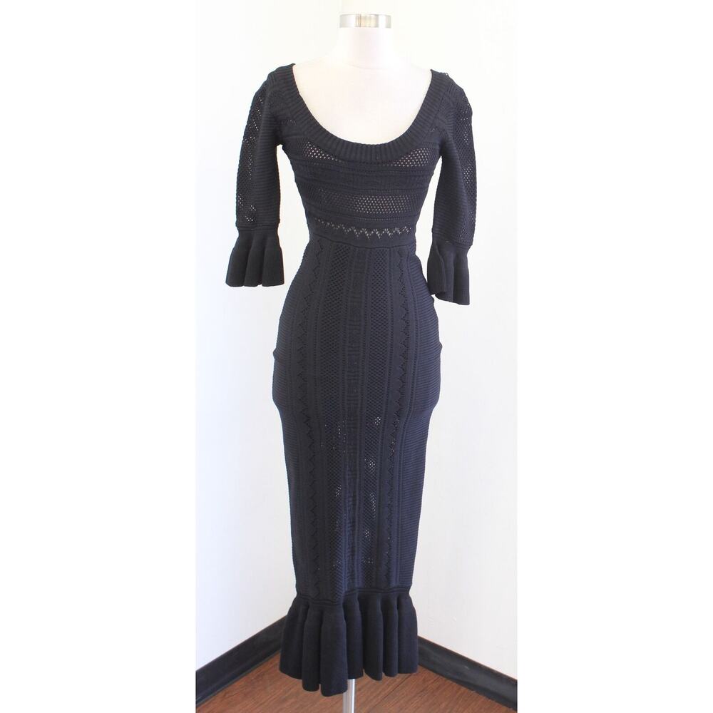 Alice McCall Black Eyelet Structured Knit Ruffle Bodycon Midi Dress Size 4